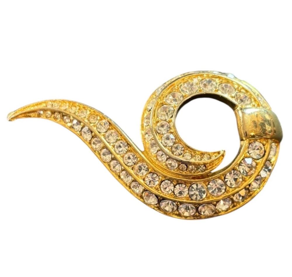 Vintage 80s Gold Tone Rhinestone Swirl Brooch Abstract Statement Pin Glam